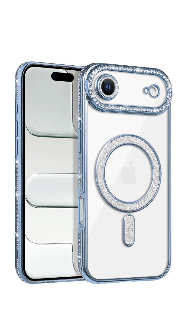 Apple iPhone 17 Pro Max (6.9) - Clear Cover with Blue Chrome Rhinestone TPU Edge Bumper & Rhinestone Built-in Lens Cover Compatible with MagSafe Charger in Cube Retail Box