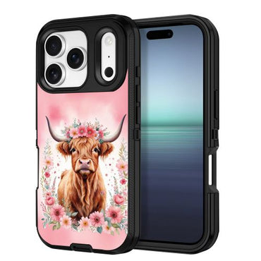 Apple iPhone 17 Pro Max (6.9) - Black Tough Pro Case with Highland Cow & Pink Roses Design in Retail Box