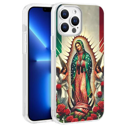 Apple iPhone 14 Pro Max (6.7) - Virgin Mary with Red & Green Halo Texture Design on Clear PC Hard Cover with Clear TPU Bumper Edge