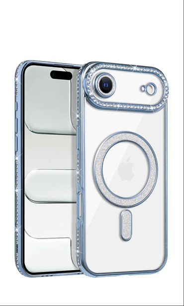 Apple iPhone 17 Pro Max (6.9) - Clear Cover with Blue Chrome Rhinestone TPU Edge Bumper & Rhinestone Built-in Lens Cover Compatible with MagSafe Charger in Cube Retail Box