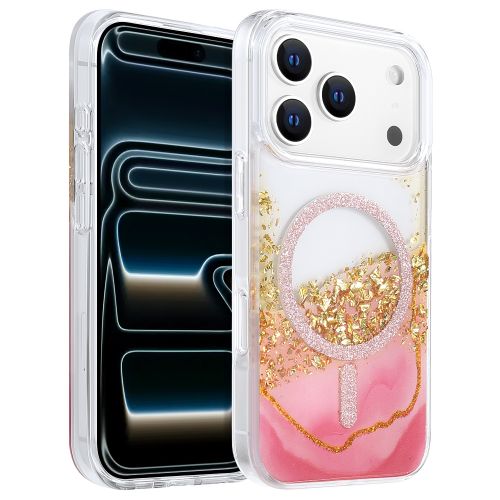 Apple iPhone 17 Pro Max (6.9) - Pink Marble Embellished with Gold & Silver Glitter Accents Hard Clear Case with TPU Edge Bumper Compatible with MagSafe Charger