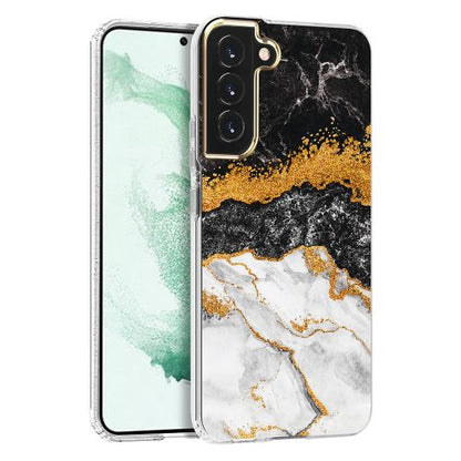 Samsung Galaxy S22 Plus - Black and White with Gold Stripe Marble Design on Clear PC Hard Cover With