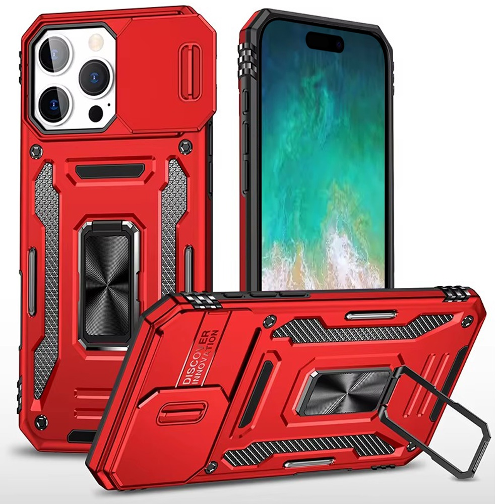 iPhone 16 Pro 6.3 inch Utter Tough Metal Ring Movable Camera Window Hybrid Case Cover - Red