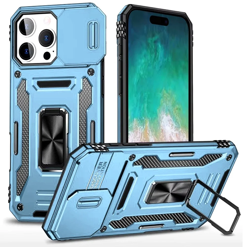 iPhone 16 Pro Max 6.9 inch Utter Tough Metal Ring Movable Camera Window Hybrid Case Cover - Light Bl