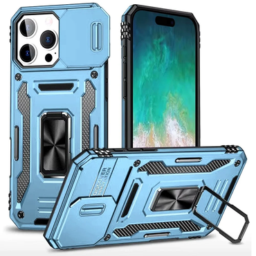 iPhone 16 Pro Max 6.9 inch Utter Tough Metal Ring Movable Camera Window Hybrid Case Cover - Light Bl