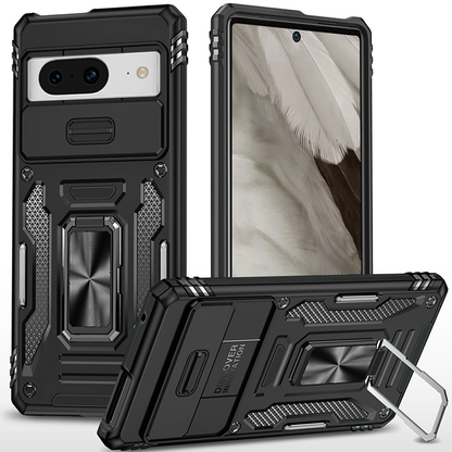Google Pixel 8 Pro 5G Utter Tough Metal Ring Movable Camera Window Hybrid Case Cover - Black