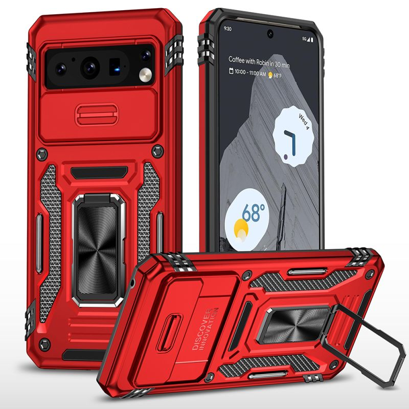 Google Pixel 8 Pro 5G Utter Tough Metal Ring Movable Camera Window Hybrid Case Cover - Red