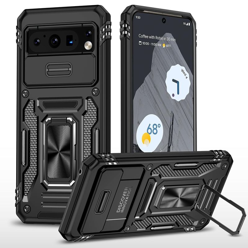 Pixel 8A Utter Tough Metal Ring Movable Camera Window Hybrid Case Cover - Black