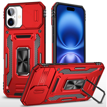 iPhone 16 Plus 6.7 inch Utter Tough Metal Ring Movable Camera Window Hybrid Case Cover - Red