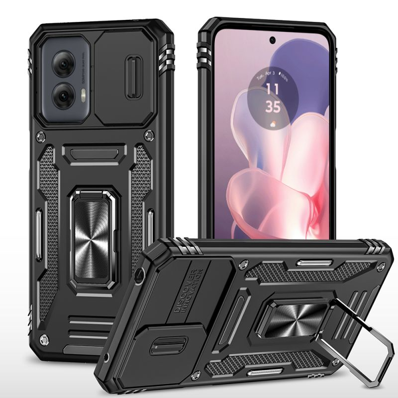 Motorola Moto G Stylus 5G 2024 Utter Tough Metal Ring Movable Camera Window Hybrid Case Cover - Black