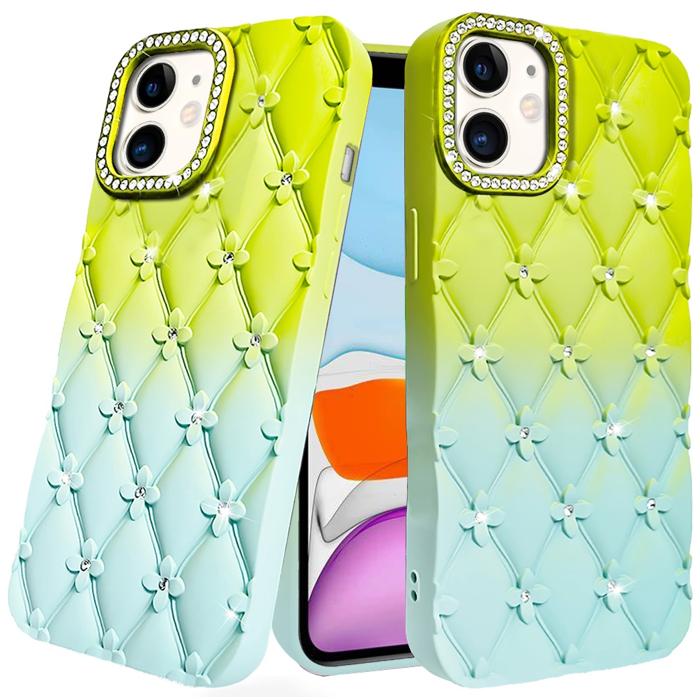 iPhone 12 & iPhone 12 Pro Floral Joy Glitter Shimmer Leather Feel Thick TPU Case - Light Green/Teal