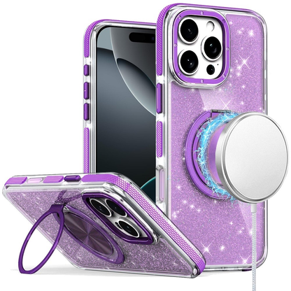 iPhone 17 Pro Max Glitz HQ Shimmer Glitter [Magnetic Ring Circle] with 360 degree Rotational Ring Kickstand Tough Hybrid Case - Purple